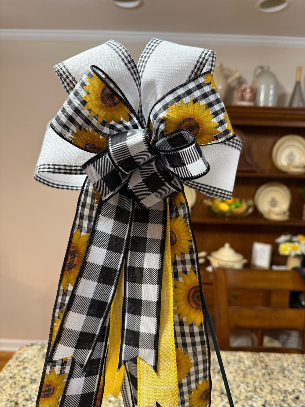 Handmade Sunflower Black & White Buffalo Check Bow - Decorative Party Ribbon
